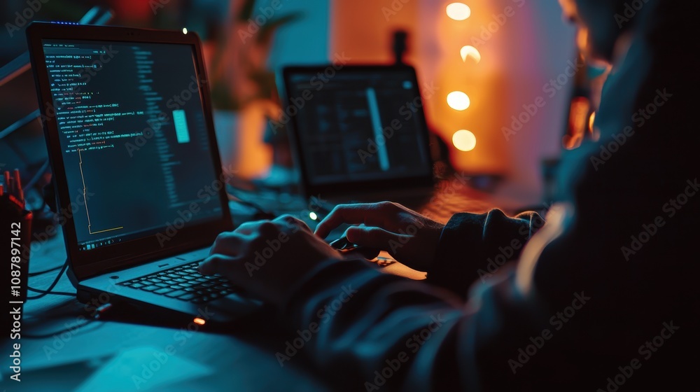 Poster close-up of hands typing on a laptop at night in a dimly lit room with computer code on screen, crea