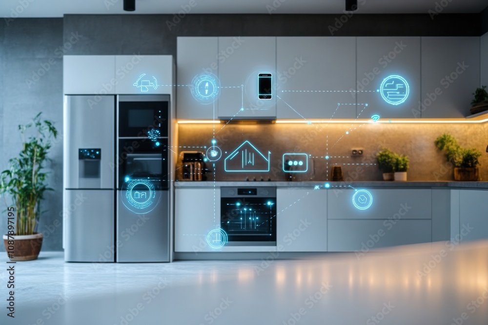 Poster this kitchen showcases advanced smart appliances, blending technology with modern design to enhance 