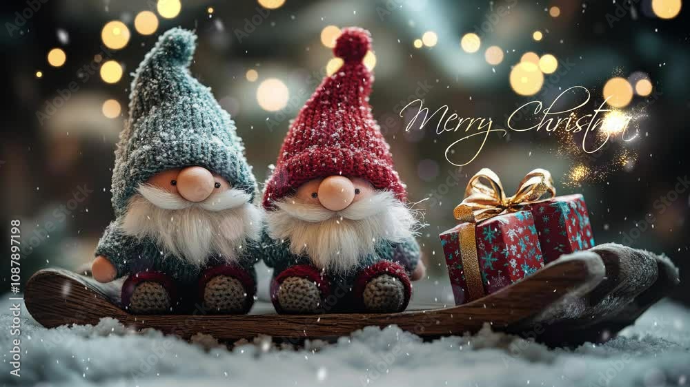 Wall mural Two Santa Clauses on small wooden sleighs with gifts. Merry Christmas. Christmas greeting card with Santa Claus. Festive decoration. Cute funny gnomes, decorated for Christmas.