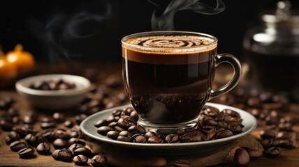 Fototapeta premium A steaming cup of coffee on a wooden table with coffee beans, in a clear glass mug.