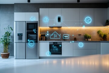 This kitchen showcases advanced smart appliances, blending technology with modern design to enhance cooking efficiency and style. Generative AI