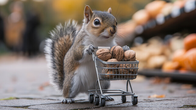 Eichh&ouml;rnchen bzw Chipmunk sammelt mit einem mini Einkaufswagen N&uuml;sse ein Wintervorrat einkaufen Angebote im Supermarkt lustig dargestellt Generative AI