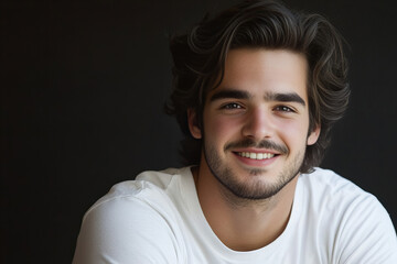 Fototapeta premium Cheerful Smiling Man in White T-shirt on a Minimalistic Dark Background, Representing Confidence, Casual Elegance, and Modern Masculine Energy for Branding and Lifestyle Concepts