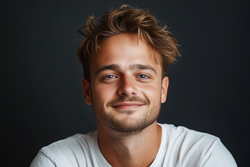 Fototapeta premium Cheerful Smiling Man in White T-shirt on a Minimalistic Dark Background, Representing Confidence, Casual Elegance, and Modern Masculine Energy for Branding and Lifestyle Concepts