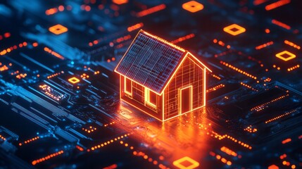 Futuristic abstract house on circuit board background in orange tones close up, smart home or data and home embedding theme IOT