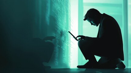 Professional Man in Suit Silhouetted Against Glowing Data Wall, Focused on Tablet Device, Representing Technology, Innovation, and Digital Transformation in Business