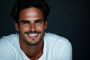 Obraz premium Smiling Handsome Man Wearing White T-shirt on a Dark Background, Highlighting Confidence, Positivity, and Modern Casual Style for Personal Branding and Lifestyle Imagery