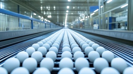 Fototapeta premium Eggs moving on conveyor belt in factory.