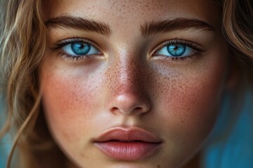 Fototapeta premium Close-up portrait of a woman with distinctive freckles, perfect for editorial or personal use