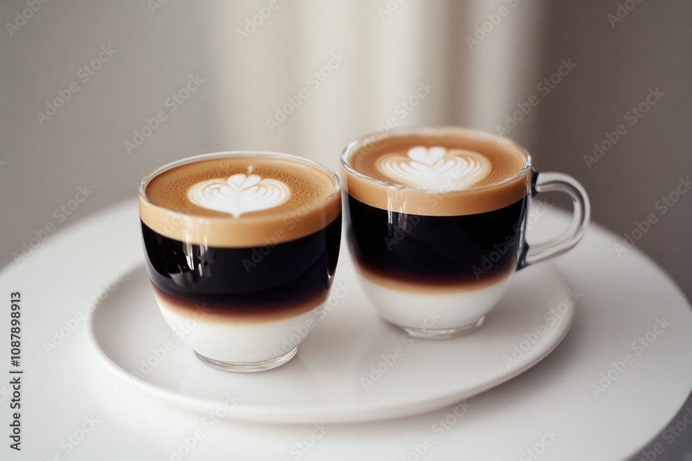 Poster a simple and clean image showing two cups of coffee on a white plate, perfect for use in still life 