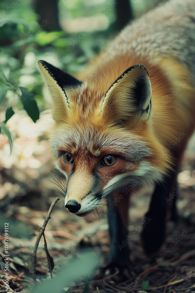 Poster a close-up view of a fox's face in a forest environment