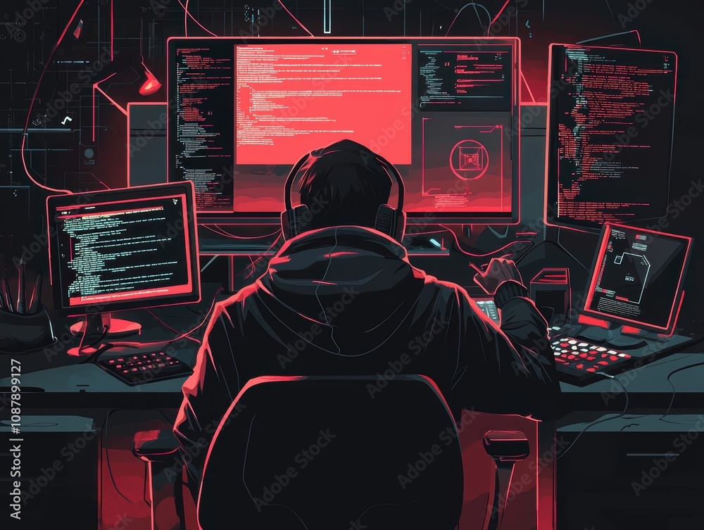 Poster cybersecurity expert analyzing data on multiple screens in a dark room with futuristic interface and