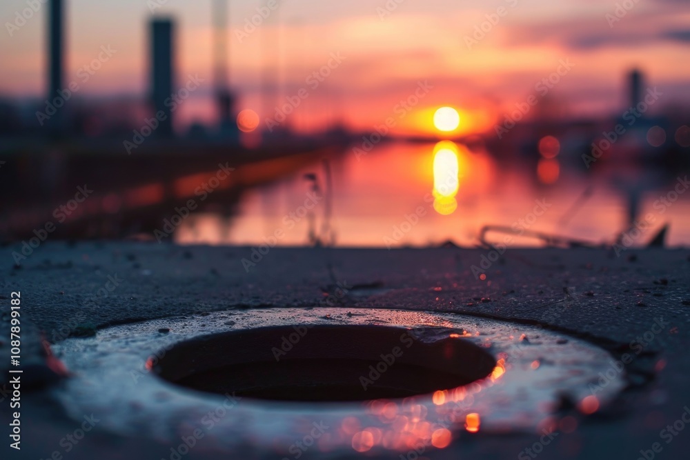 Poster a small puddle of water sitting on the side of a road, suitable for use in images about roadside sce