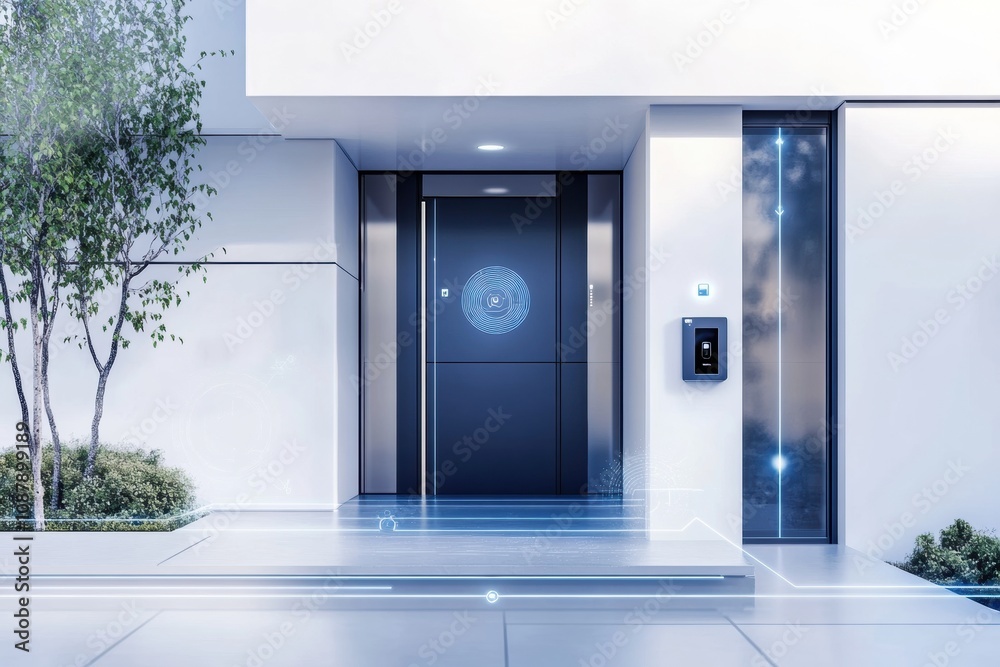 Leinwandbilder a sleek home entrance featuring advanced security systems including smart cameras, motion sensors, a