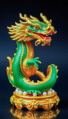 Fototapeta premium A striking golden dragon statue resting on a golden base. The dragon, adorned with vibrant green scales, is elegantly curled up, radiating a sense of power and grace.