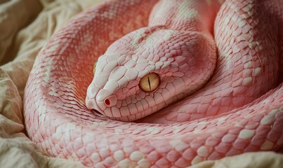 Fototapeta premium Gargantuan Alabaster Eyed Pink Snake Curiously Exploring Its Slumbering Human Companion