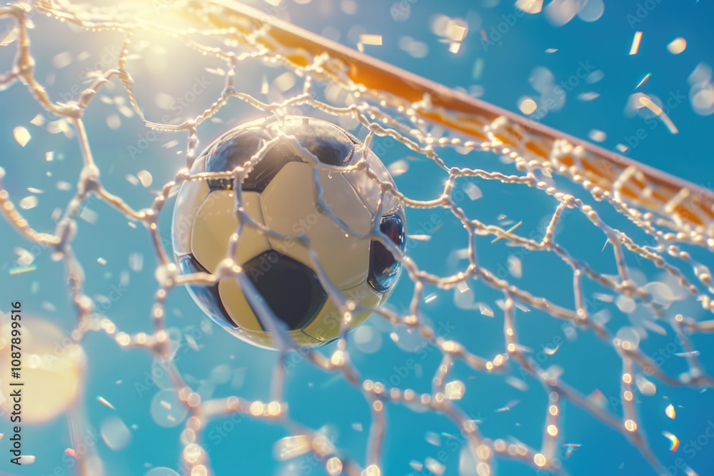 Poster a soccer ball nestled in the net of a goal, ready for scoring