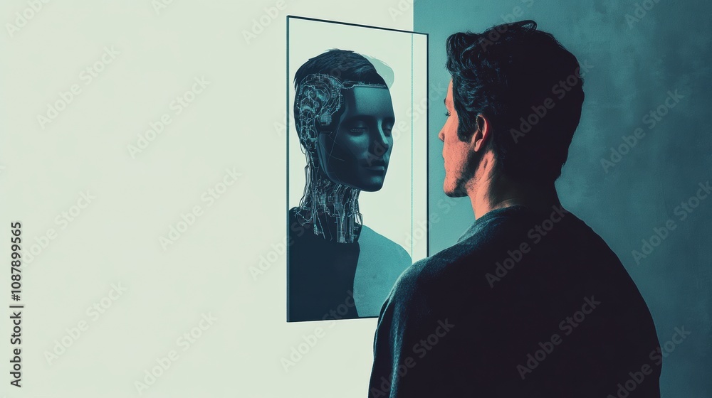 Leinwandbilder a person looks into a digital mirror as a robotic figure appears in their reflection, merging techno