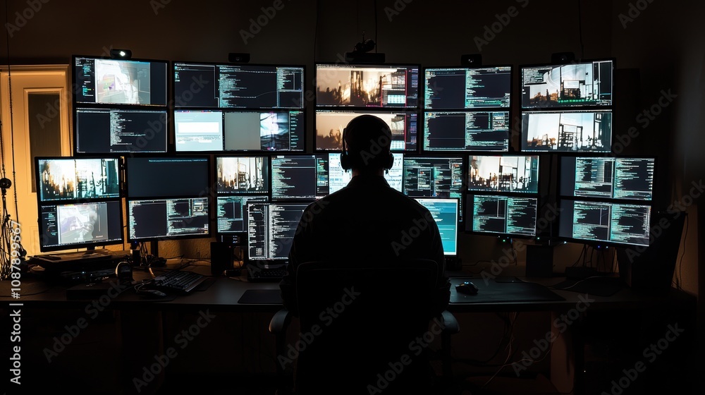 Poster person sitting in front of multiple computer screens in a dark room, engaged in data analysis and cy
