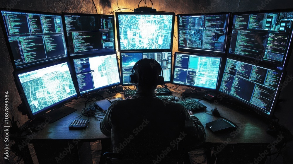 Poster cybersecurity expert monitoring data on multiple high-resolution screens in a dark room, analyzing d