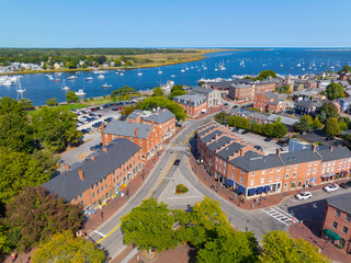 Newburyport historic downtown aerial view on State Street at Water Street, Newburyport,...