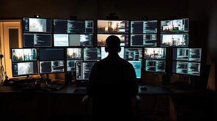 Person Sitting in Front of Multiple Computer Screens in a Dark Room, Engaged in Data Analysis and Cybersecurity Tasks, Silhouette Looks Intently at Monitors with Code and Graphs