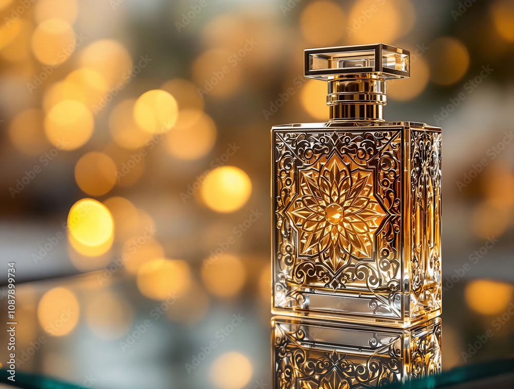 Poster luxury perfume bottle with an intricate design, placed on a reflective glass surface, with soft gold
