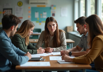 Group Discussion in Classroom. Tension Among Students
