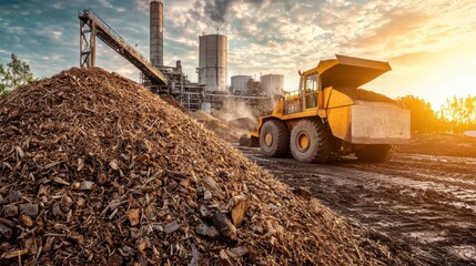 Industrial Landscape with Loader and Wood Chips Under Dramatic Sunset Sky, Highlighting Sustainable Energy Production and Heavy Machinery Operations
