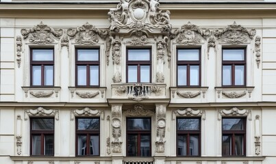 Obraz premium Detailed facade of an old, historic building with ornate architectural features, including decorative moldings, sculptures, and multiple windows