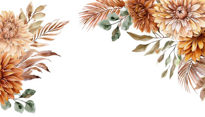 Watercolor Floral Corner Border. Warm Brown Chrysanthemums and Palm Leaves with Decorative Foliage for Invitations and Cards.