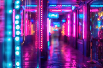 Obraz premium Long corridor with colorful neon lights on the walls