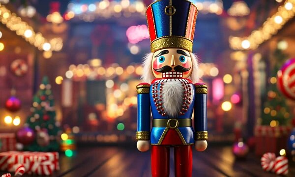 Festive Nutcracker Display Amidst Colorful Decorations and Christmas Presents in a Cheerful Holiday Setting with Twinkling Lights