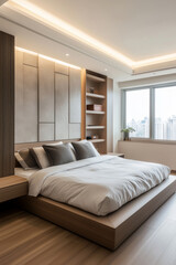 Spacious modern bedroom with minimalist elements, built-in shelves, and an accent wall with panels, wooden floors, and neutral tones.