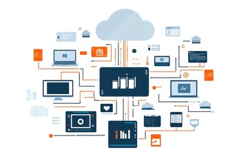 Illustration of cloud computing with connected devices, data storage, and applications.