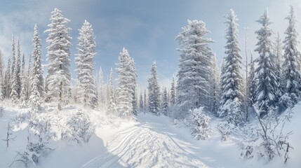 A serene winter wonderland scene with dense forests and snow-covered trees