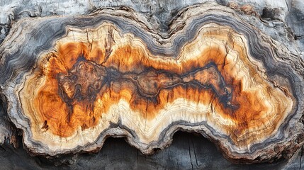 Obraz premium Detailed close-up of a tree cross-section revealing intricate wood grain patterns, textures, and colors.
