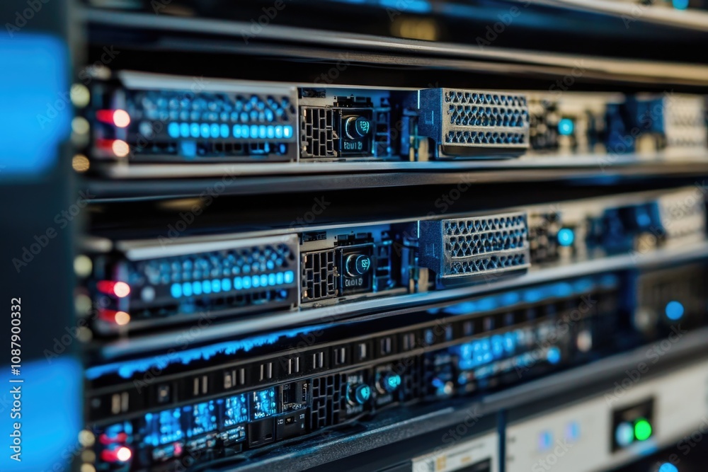 Poster row of servers with blue lights on them