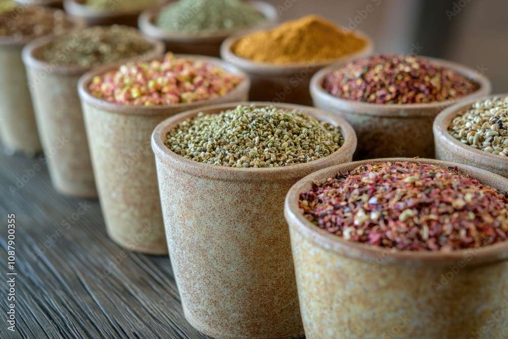 Poster a collection of spice bowls filled with various types of spices