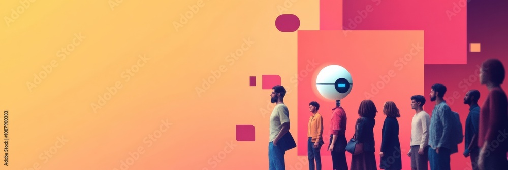 Poster a collective of people observes an abstract representation of artificial intelligence, sharing thoug