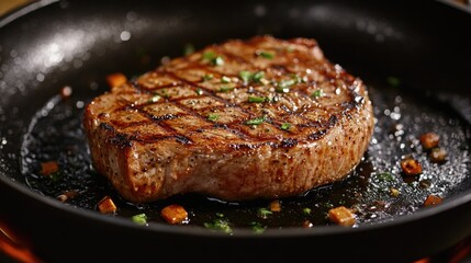 Close-up of a sizzling steak being cooked in a skillet on the stove, ready for serving