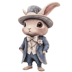Adorable Victorian Bunny Wearing Suit l Luxury Rococo Rabbit Cartoon Style Image l Vintage Watercolor Animal Transparent Background