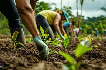 Close-Up of Hands Planting Young Plants in Rich Soil During Community Gardening in a Lush Green Tropical Landscape with Hardworking Individuals in the Background