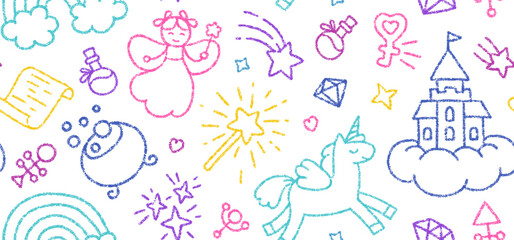 Childish seamless pattern with crayon drawn cute fairy, unicorn, rainbow and castle. Kids hand drawn background with color doodle magic elements, vector illustration