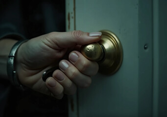 Anxious grip on the door handle. Fear and uncertainty in the dark. Domestic violence.