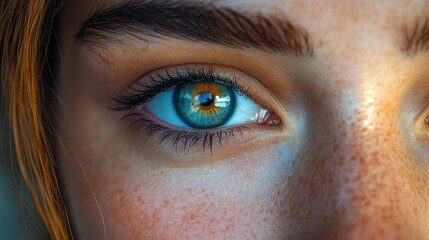 Close-up of a woman's blue eye with freckles.