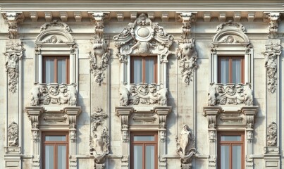Fototapeta premium Detailed facade of an old, historic building with ornate architectural features, including decorative moldings, sculptures, and multiple windows.