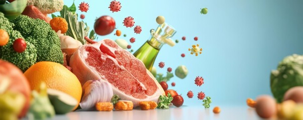 Foodborne illness concept, pathogenic icons surrounding raw food, clean background, 3D illustration