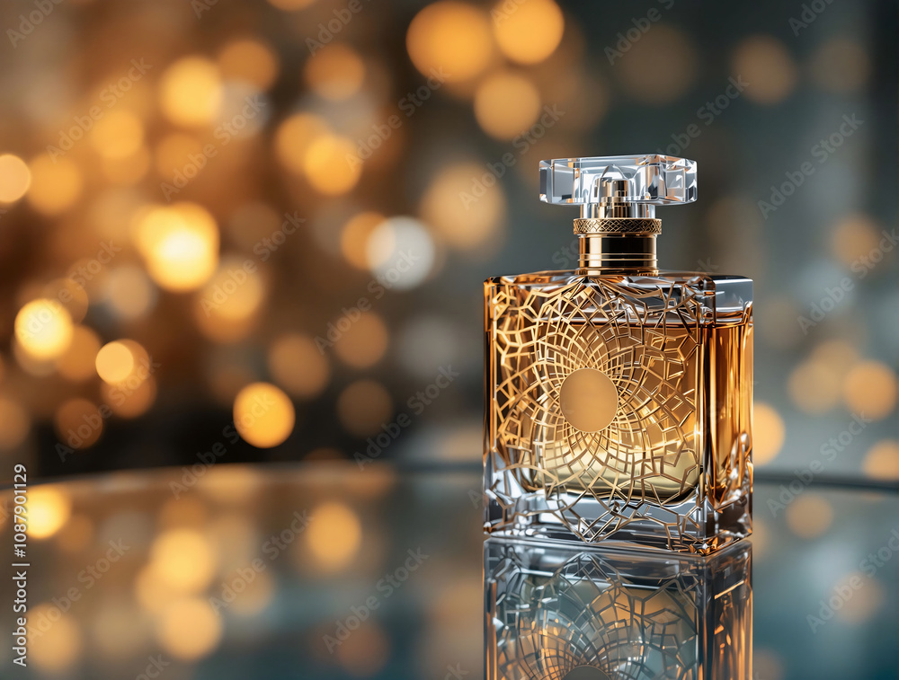 Poster luxury perfume bottle with an intricate design, placed on a reflective glass surface, with soft gold
