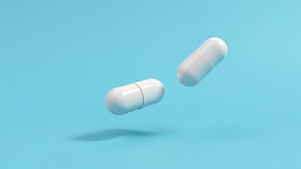 Capsules with white antibiotics falling on a blue background